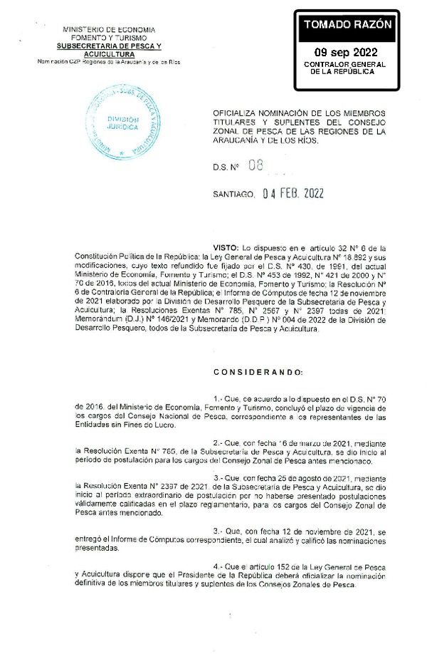 D.S. 08-2022 Oficializa Nominación de los Miembros Titulares y Suplentes del Consejo Zonal de Pesca de las Regiones de La Araucanía y de Los Ríos. (Publicado en Página Web 13-09-2022