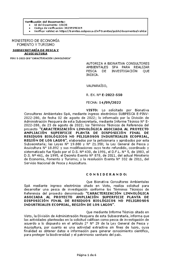 R. EX. Nº E-2022-550 CARACTERIZACIÓN LIMNOLÓGICA ASOCIADA AL PROYECTO AMPLIACIÓN SUPERFICIE PLANTA DE DISPOSICIÓN FINAL DE RESIDUOS BIOLÓGICOS NO PELIGROSOS INDUSTRIALES ECOPRIAL, REGIÓN DE LOS LAGOS. (Publicado en Página Web 15-09-2022)