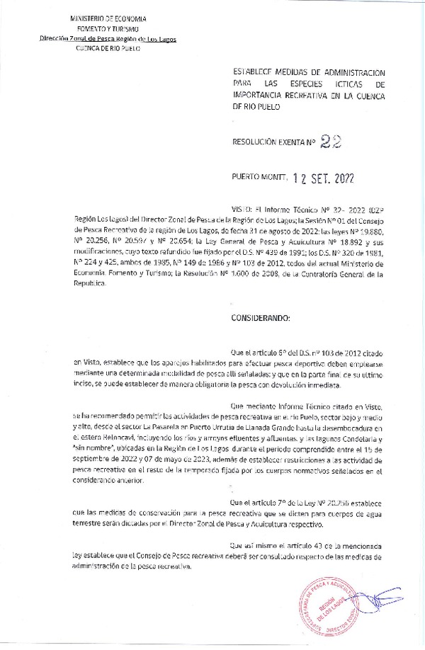 Res. Ex. N° 22-2022 (DZP Los Lagos) Establece Medidas de Administración para las Especies Ícticas de Importancia Recreativa en la cuenca de Río Puelo. (Publicado en Página Web 20-09-2022)