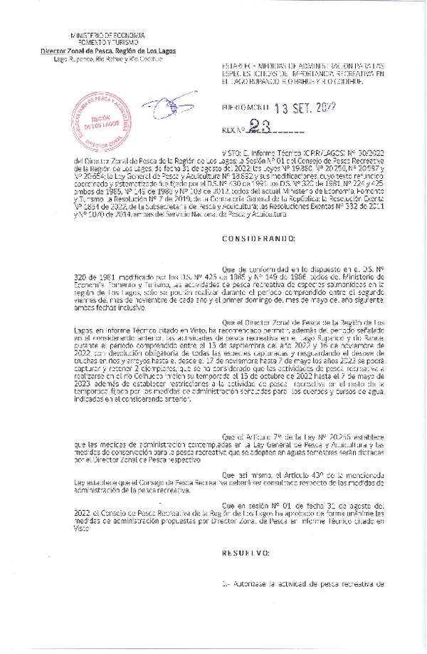 Res. Ex. N° 23-2022 (DZP Los Lagos) Establece Medidas de Administración para las Especies Ícticas de Importancia Recreativa en el lago Rupanco, Río Rahue y Río Codihue. (Publicado en Página Web 20-09-2022)