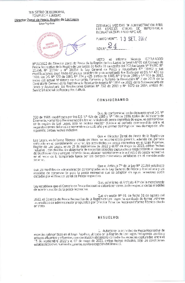 Res. Ex. N° 24-2022 (DZP Los Lagos) Establece Medidas de Administración para las Especies Ícticas de Importancia Recreativa en el lago Puyehue. (Publicado en Página Web 20-09-2022)