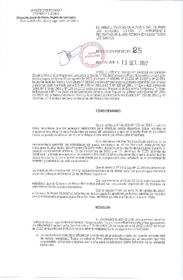 Res. Ex. N° 25-2022 (DZP Los Lagos) Establece Medidas de Administración para las Especies Ícticas de Importancia Recreativa en el río Petrohué y lago Todos Los Santos. (Publicado en Página Web 20-09-2022)