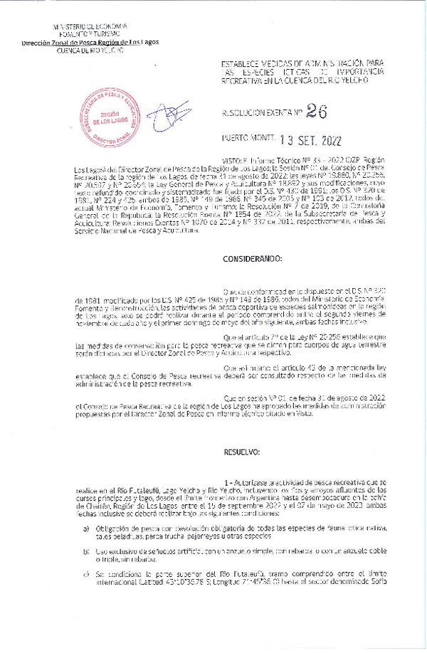Res. Ex. N° 26-2022 (DZP Los Lagos) Establece Medidas de Administración para las Especies Ícticas de Importancia Recreativa en la cuenca el río Yelcho. (Publicado en Página Web 20-09-2022)