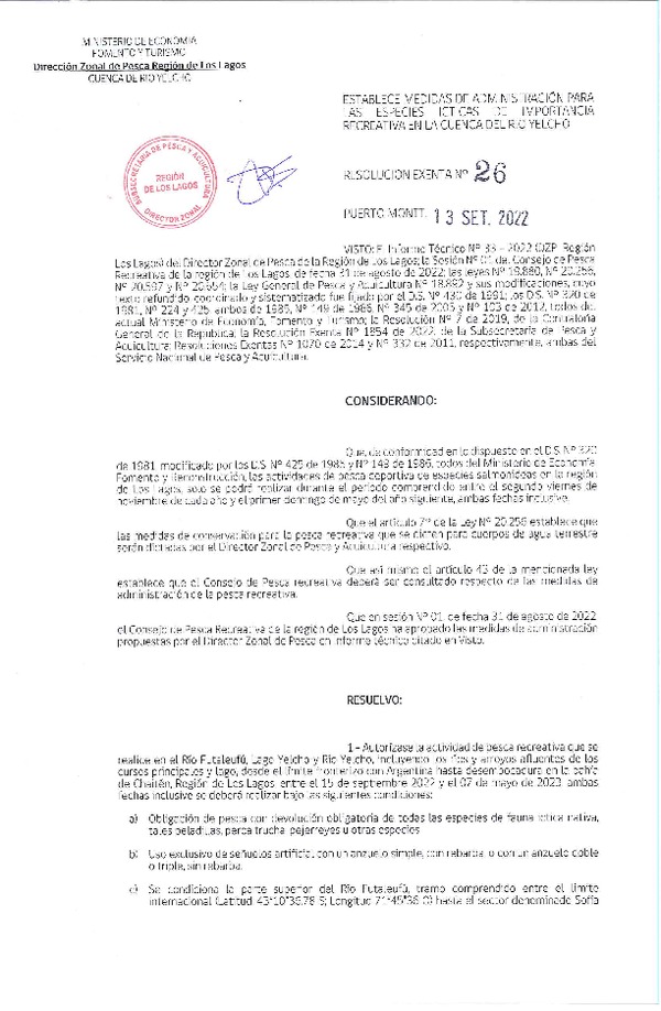 Res. Ex. N° 26-2022 (DZP Los Lagos) Establece Medidas de Administración para las Especies Ícticas de Importancia Recreativa en la cuenca el río Yelcho. (Publicado en Página Web 20-09-2022)