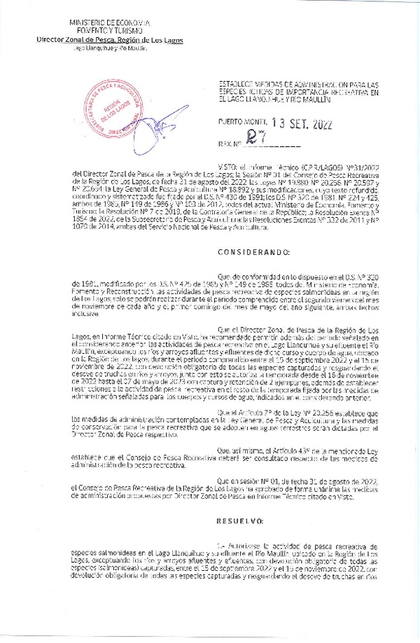 Res. Ex. N° 27-2022 (DZP Los Lagos) Establece Medidas de Administración para las Especies Ícticas de Importancia Recreativa en el lago Llanquihue y río Maullín. (Publicado en Página Web 20-09-2022)