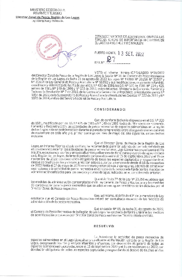 Res. Ex. N° 27-2022 (DZP Los Lagos) Establece Medidas de Administración para las Especies Ícticas de Importancia Recreativa en el lago Llanquihue y río Maullín. (Publicado en Página Web 20-09-2022)