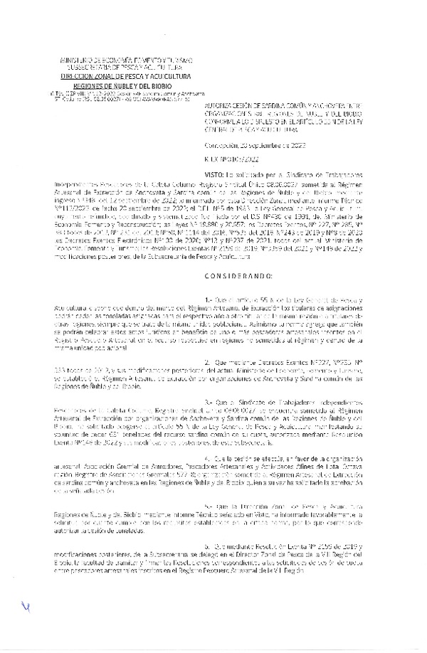 Res. Ex. N° 105-2022 (DZP Ñuble y del Biobío) Autoriza cesión Sardina común y Anchoveta. (Publicado en Página Web 21-09-2022)