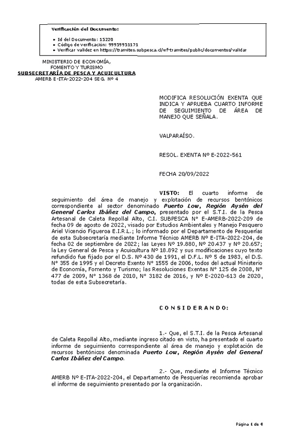 RESOL. EXENTA N° E-2022-561 Modifica resolución que indica, Aprueba 4° Seguimiento. (Publicado en Página Web 22-09-2022)