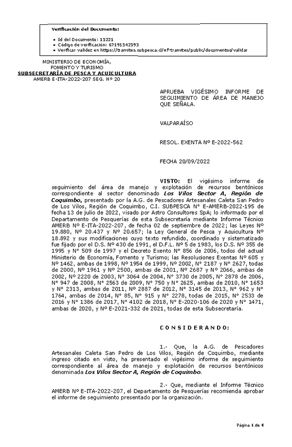 RESOL. EXENTA N° E-2022-562 Aprueba 20° Seguimiento. (Publicado en Página Web 22-09-2022)