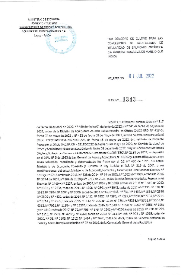 Res. Ex N° 1343-2022 Fija densidad de cultivo para las concesiones de acuicultura de titularidad de Salmones Antártica S.A.