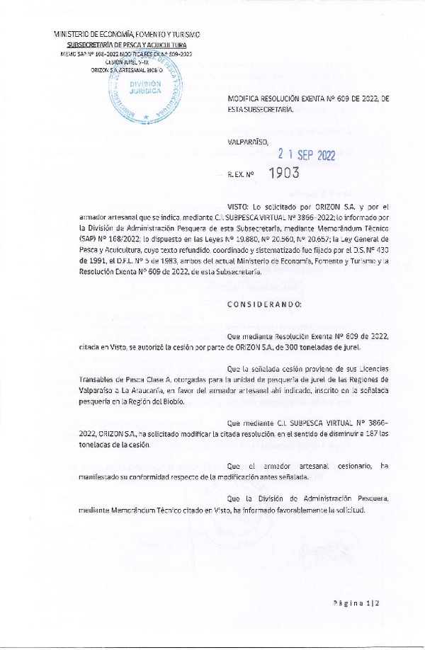 Res. Ex. N° 1903-2022 Modifica Res Ex N° 0609-2022, Autoriza Cesión de Jurel Regiones de Valparaíso a La Araucanía. (Publicado en Página Web 22-09-2022).