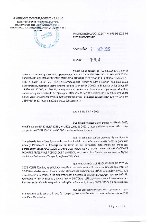 Res. Ex. N° 1904-2022 Modifica Res. Ex. N° 576-2022 Autoriza Cesión Anchoveta, Regiones de Arica y Parinacota a Región de Antofagasta. (Publicado en Página Web 22-09-2022)