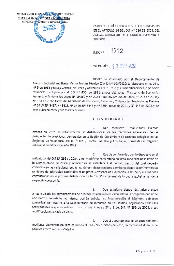 Res. Ex. N° 1912-2022 Establece Período para los Efectos Previstos en el Artículo 14 del D.S. N° 296 de 2004. (Publicado en Página Web 22-09-2022)