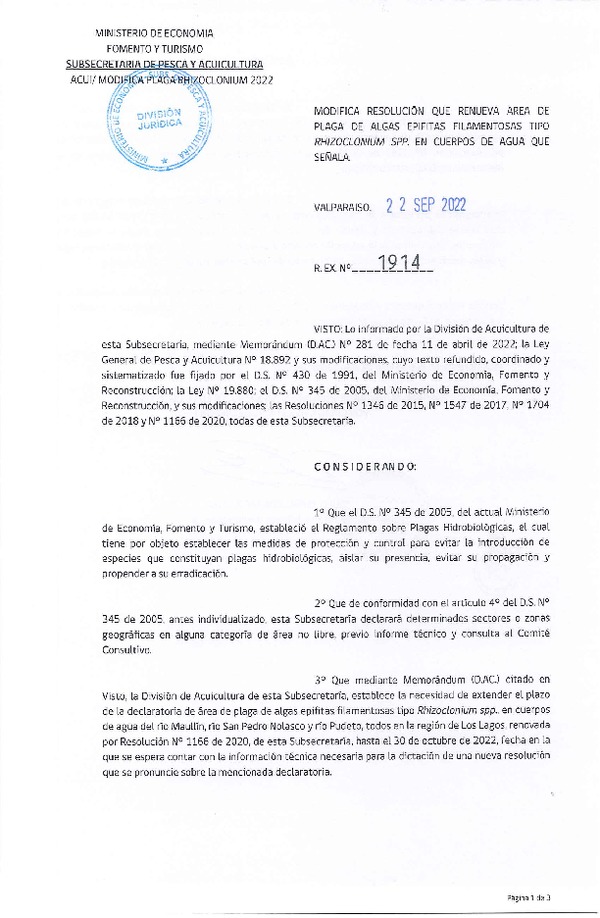 Res. Ex. N° 1914-2022 Modfica Res. Ex. N° 1166-2020 Renueva Declaración de Área de Plaga de Algas Epifitas Filamentosas Tipo RHIZOCLONIUM SPP. (Publicado en Página Web 22-09-2022)