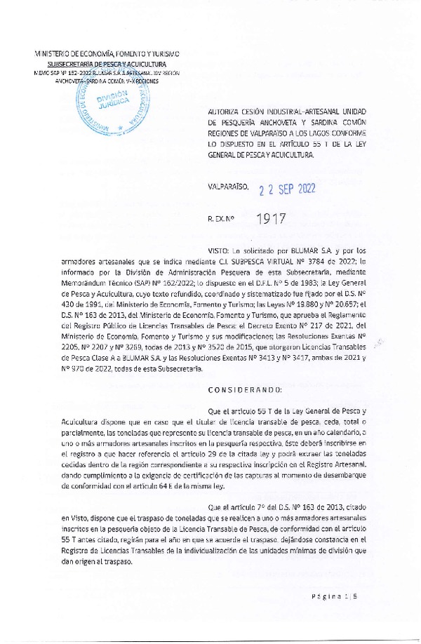 Res. Ex. N° 1917-2022, Autoriza Cesión unidad de pesquería Anchoveta y Sardina Común, Regiones Valparaíso a Los Lagos. (Publicado en Página Web 22-09-2022)