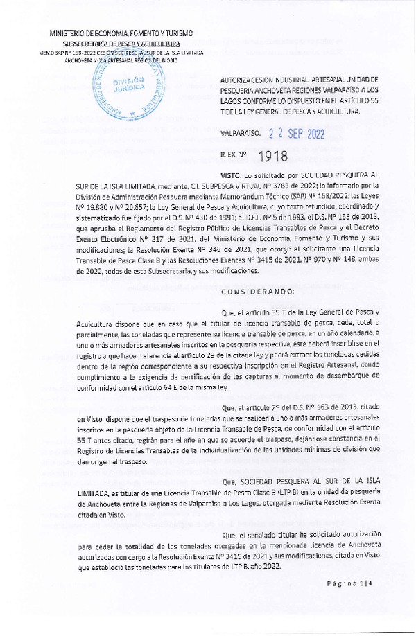 Res. Ex. N° 1918-2022, Autoriza Cesión unidad de pesquería Anchoveta y Sardina Común, Regiones Valparaíso a Los Lagos. (Publicado en Página Web 22-09-2022)