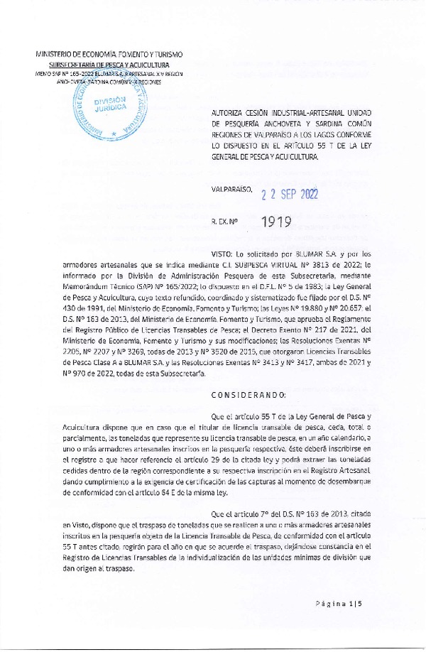 Res. Ex. N° 1919-2022, Autoriza Cesión unidad de pesquería Anchoveta y Sardina Común, Regiones Valparaíso a Los Lagos. (Publicado en Página Web 22-09-2022)