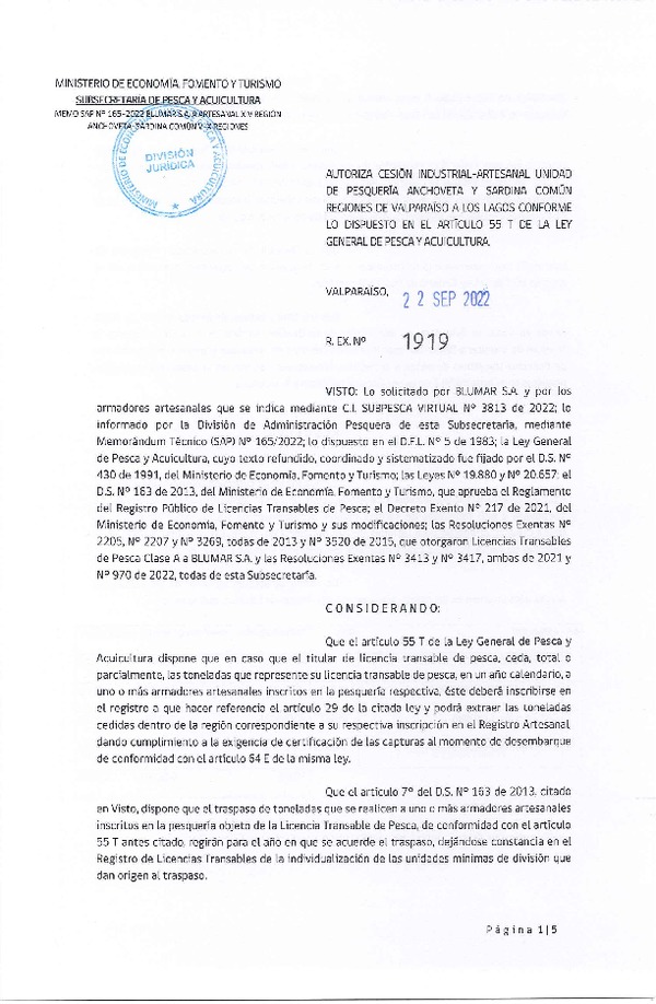 Res. Ex. N° 1919-2022, Autoriza Cesión unidad de pesquería Anchoveta y Sardina Común, Regiones Valparaíso a Los Lagos. (Publicado en Página Web 22-09-2022)