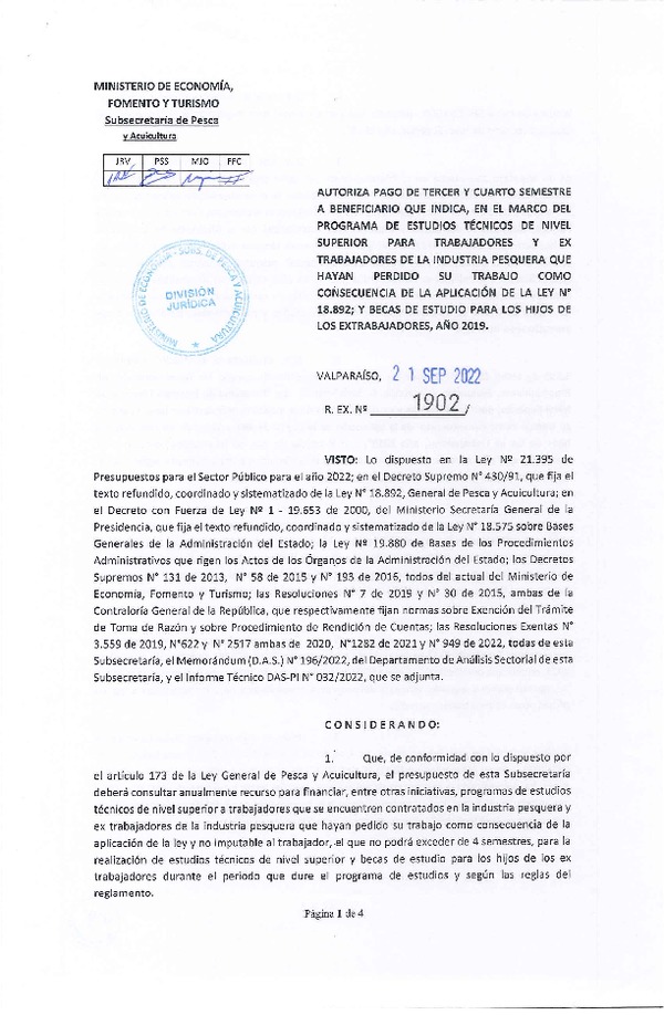 Res. Ex. N° 1902-2022 Autoriza pago de tercer y cuarto semestre a beneficiario que indica, en el marco del programa que señala. (Publicado en Página Web 26-09-2022)