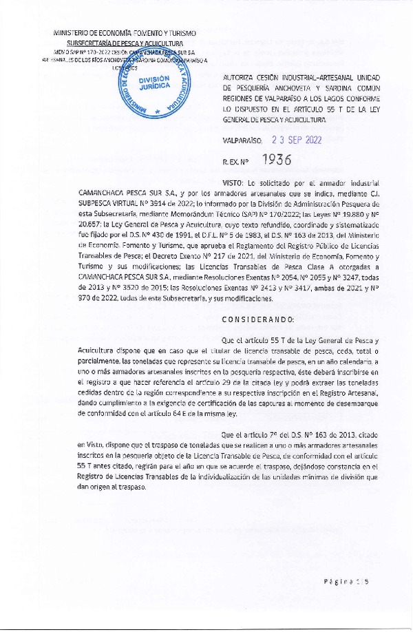 Res. Ex. N° 1936-2022, Autoriza Cesión unidad de pesquería Anchoveta y Sardina Común, Regiones Valparaíso a Los Lagos. (Publicado en Página Web 26-09-2022)