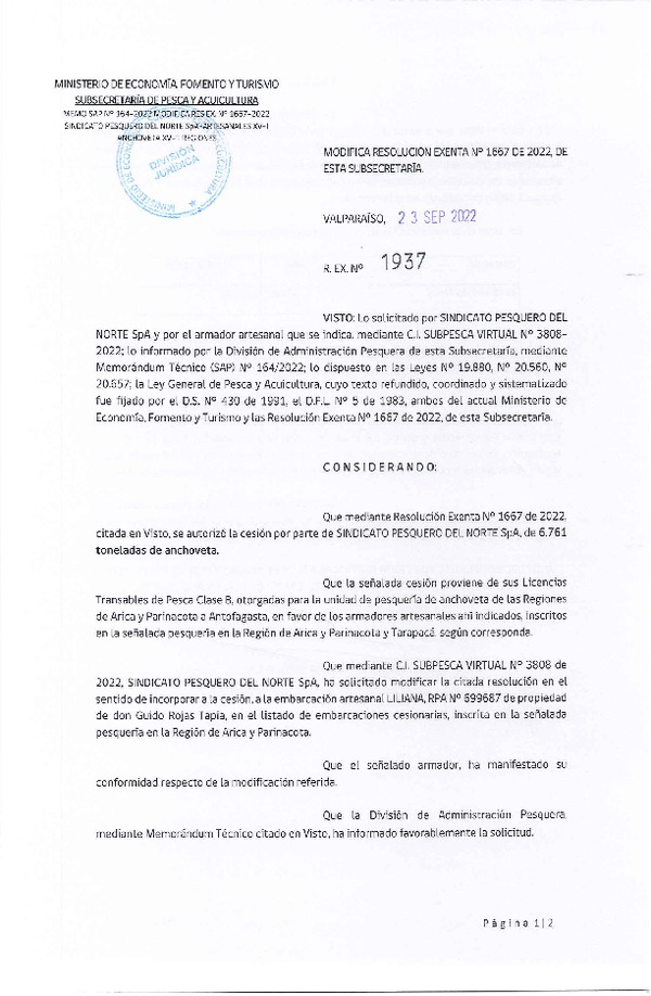 Res. Ex. N° 1937-2022, Modifica Res. Ex. N° 1667-2022 Autoriza Cesión Anchoveta, Regiones de Arica y Parinacota a Región de Antofagasta. (Publicado en Página Web 26-09-2022)