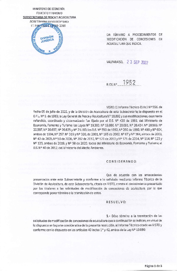 Res. Ex. N° 1952-2022 Da término a procedimientos de modificación de concesiones de acuicultura que indica.