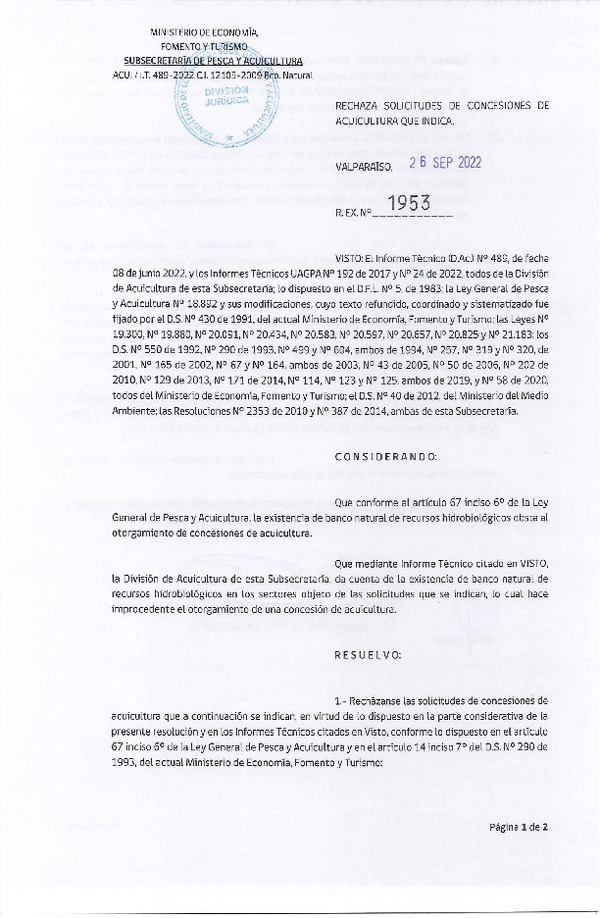 Res. Ex. N° 1953-2022 Rechaza solicitudes de concesiones de acuicultura que indica.