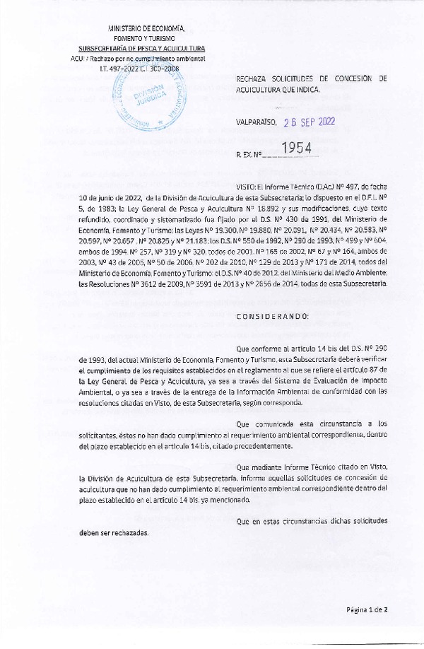 Res. Ex. N° 1954-2022 Rechaza solicitudes de concesión de acuicultura que indica.