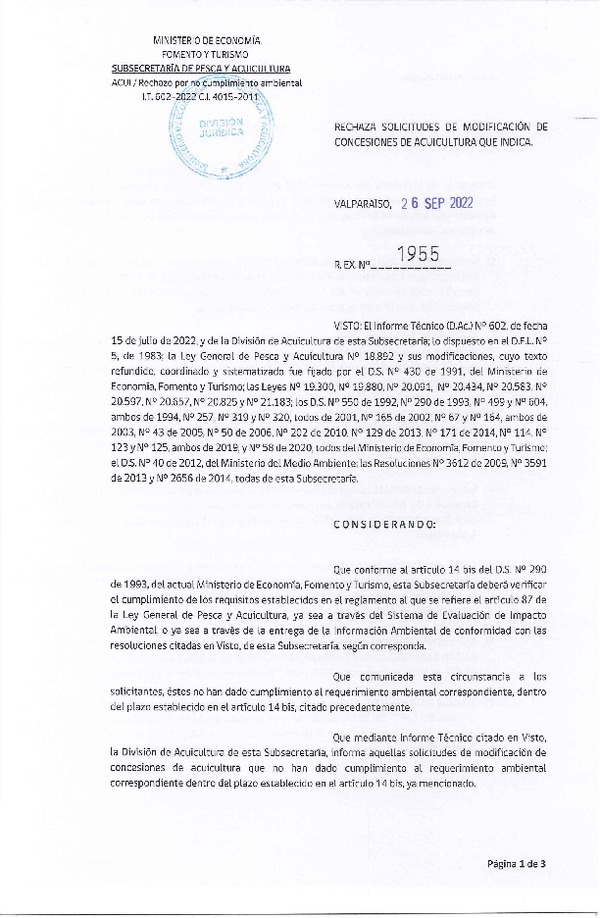 Res. Ex. N° 1955-2022 Rechaza solicitudes de modificación de concesiones de acuicultura que indica.