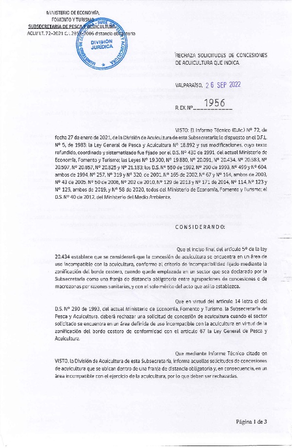 Res. Ex. N° 1956-2022 Rechaza solicitudes de concesiones de acuicultura que indica.