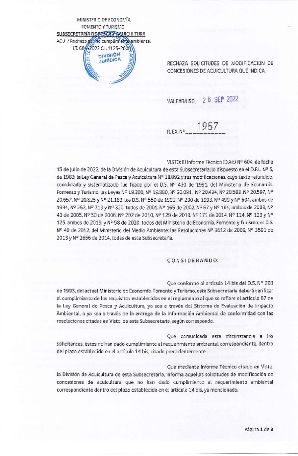 Res. Ex. N° 1957-2022 Rechaza solicitudes de modificación de concesiones de acuicultura que indica.