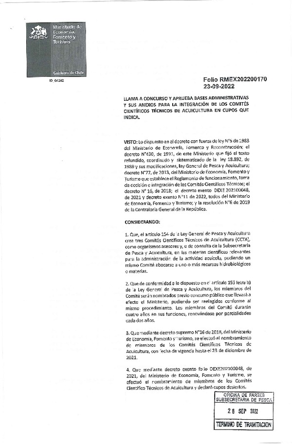 R.M. EX 202200170 Llama a Concurso y Aprueba Bases Administrativas y Sus Anexos Para la Integración de los Comités Científicos Técnicos de Acuicultura, en Cupos que Indica. (Publicado en Página Web 27-09-2022)