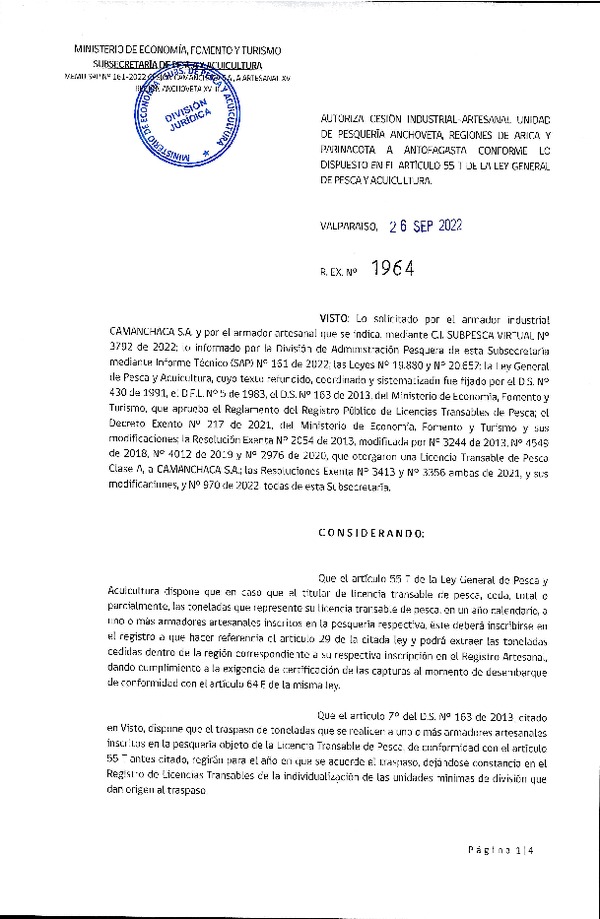 Res. Ex. N° 1964-2022 Autoriza Cesión Anchoveta, Regiones de Arica y Parinacota a Región de Antofagasta. (Publicado en Página Web 27-09-2022)