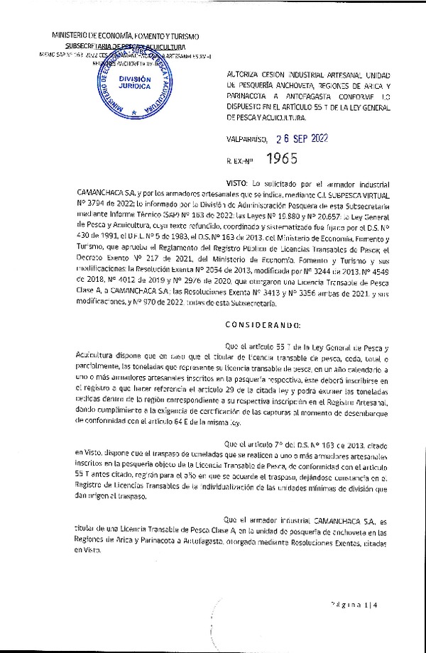 Res. Ex. N° 1965-2022 Autoriza Cesión Anchoveta, Regiones de Arica y Parinacota a Región de Antofagasta. (Publicado en Página Web 27-09-2022)