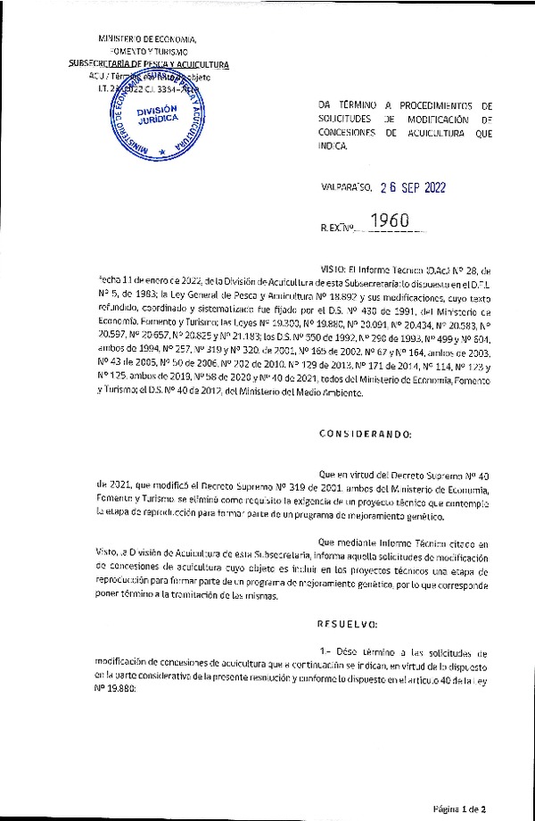 Res. Ex. N° 1960-2022 Da término a procedimientos de solicitudes de modificación de concesión de acuicultura que indica.