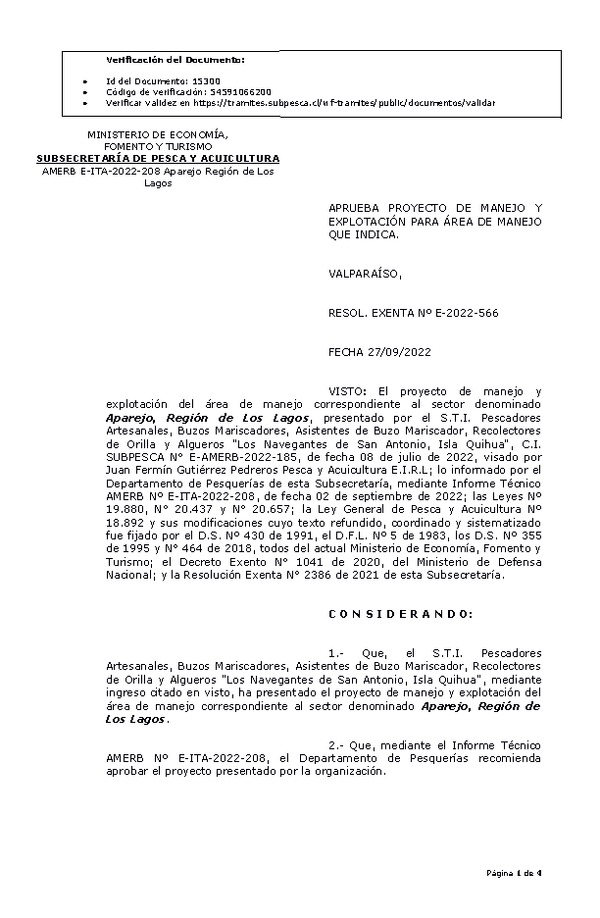 RESOL. EXENTA Nº E-2022-566 Aprueba plan de manejo. (Publicado en Página Web 28-09-2022)