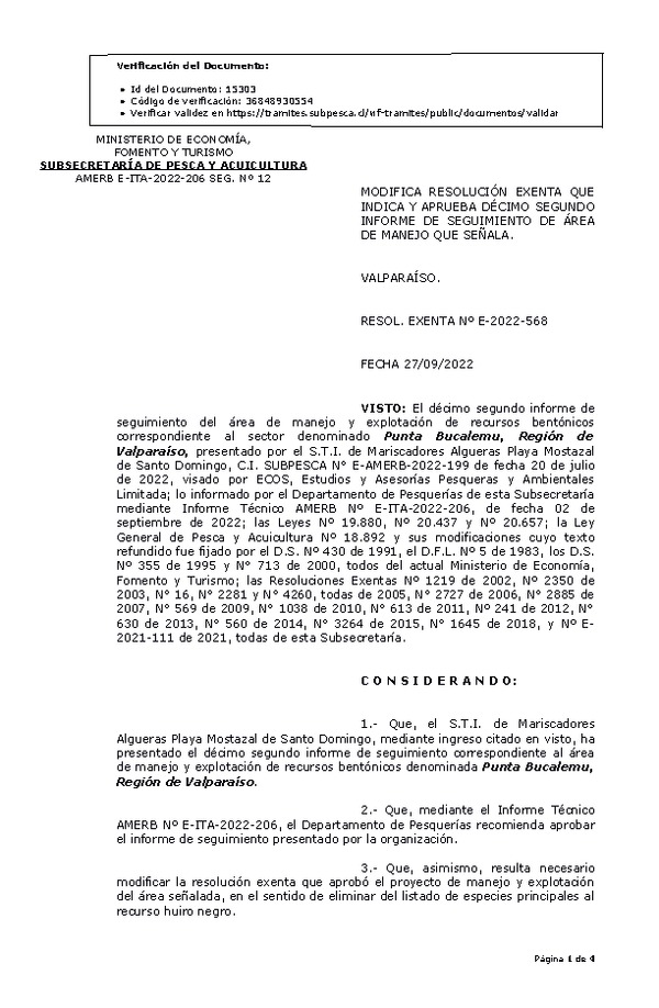 RESOL. EXENTA Nº E-2022-568 Modifica resolución que indica, Aprueba 12° seguimiento. (Publicado en Página Web 28-09-2022)