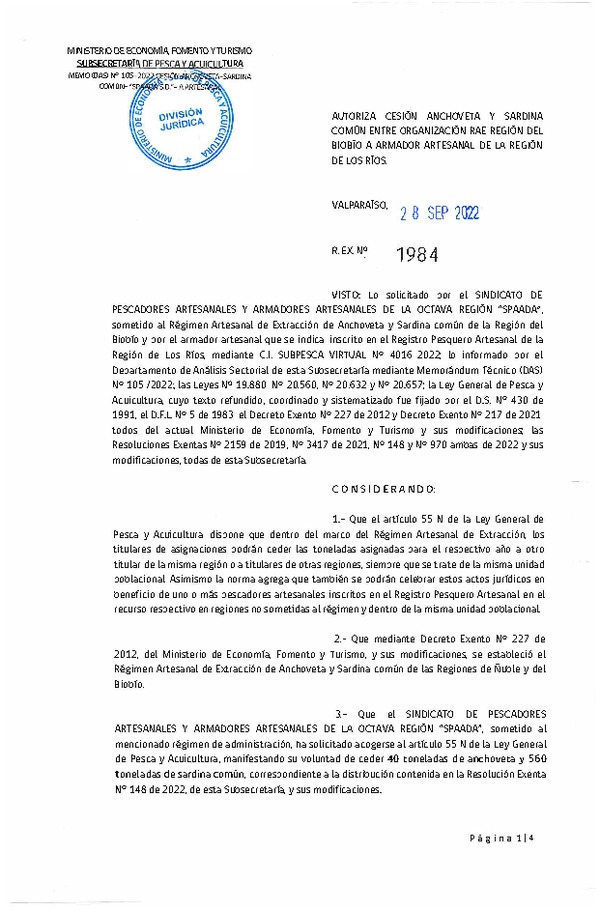 Res. Ex. N° 1984-2022 Autoriza Cesión de Anchoveta y Sardina Común, Región del Biobío a Región del Los Ríos. (Publicado en Página Web 29-09-2022)