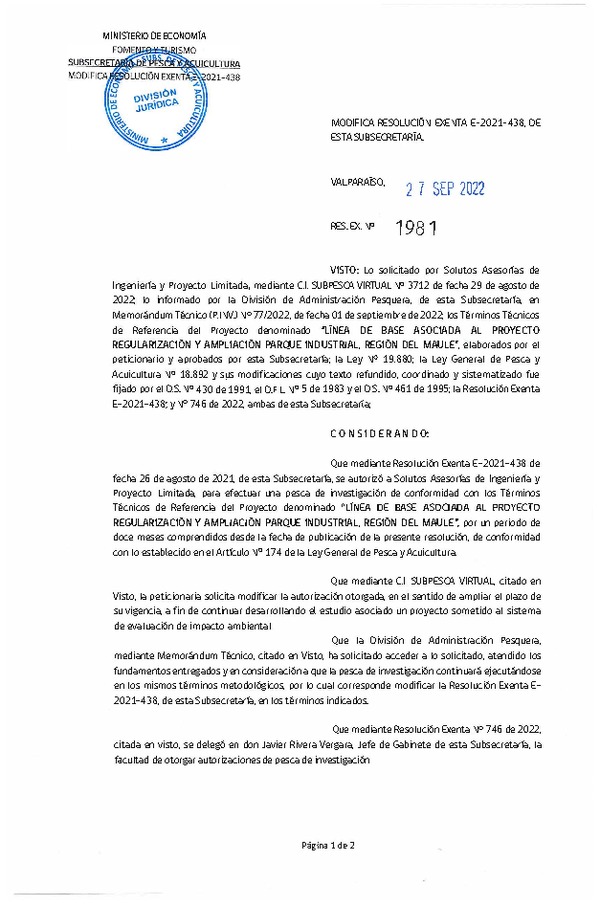 Res. Ex. N° 1981-2022 Modifica R. EX. Nº E-2021-438 Línea de base asociada al proyecto regularización y ampliación Parque Industrial, Región del Maule. (Publicado en Página Web 29-09-2022)