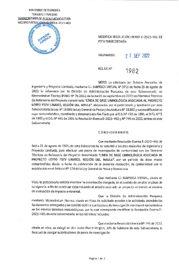 Res. Ex. N° 1982-2022 Modifica R. EX. Nº E-2021-460 LÍNEA DE BASE LIMNOLÓGICA ASOCIADA AL PROYECTO LOTEO FSEV LINARES, REGIÓN DEL MAULE. (Publicado en Página Web 29-09-2022)