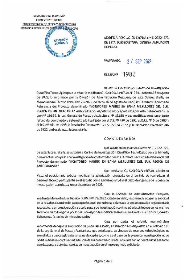 Res. Ex. N° 1983-2022 Modifica R. EX. Nº E-2022-270 MONITOREO MARINO EN BAHÍA MEJILLONES DEL SUR, REGIÓN DE ANTOFAGASTA. (Publicado en Página Web 29-09-2022)