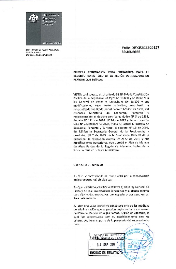 Dec. Ex. Folio 202200127 Primera Renovación Veda Extractiva para el Recurso Huiro Palo, en la Región de Atacama en Período que Señala. (Publicado en Página Web 30-09-2022)