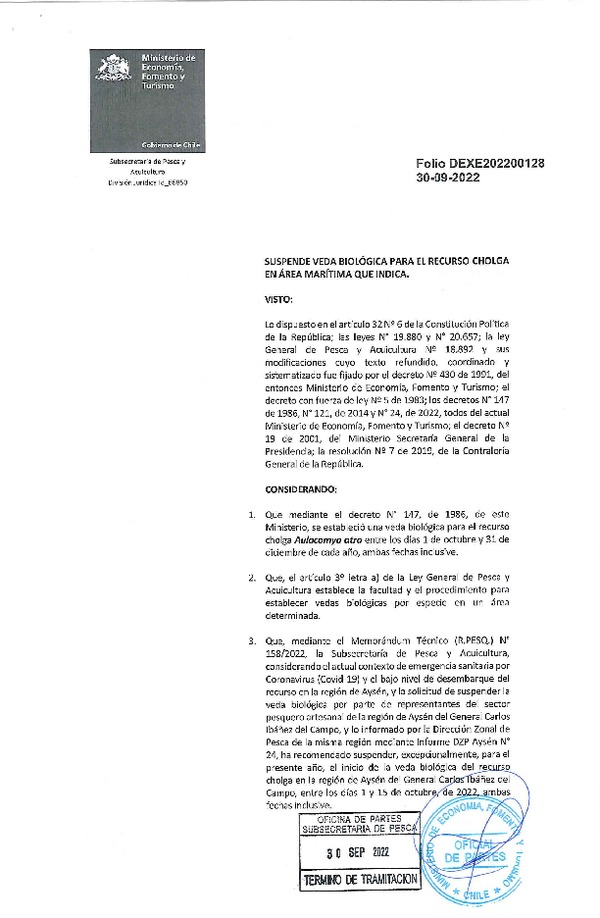 Dec. Ex. Folio 202200128 Suspende Veda Biológica para el Recurso Cholga, Región de Aysén del General Carlos Ibañéz del Campo. (Publicado en Página Web 30-09-2022)