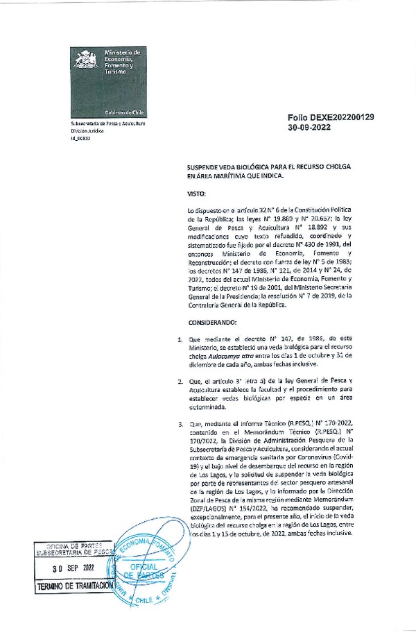 Dec. Ex. Folio 202200129 Suspende Veda Biológica para el Recurso Cholga, Región de Los Lagos. (Publicado en Página Web 30-09-2022)