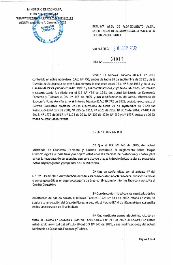 Res. Ex. N° 2001-2022 Renueva Área de Florecimiento Algal Nocivo (FAN) en Sector que Indica. (Publicado en Página Web 30-09-2022)