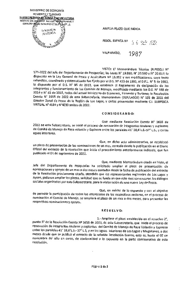 Res. Ex. N° 1987-2022 Amplia Plazo Establecido en la Res. Ex. N° 1655-2022. (Publicado en Página Web 30-09-2022)