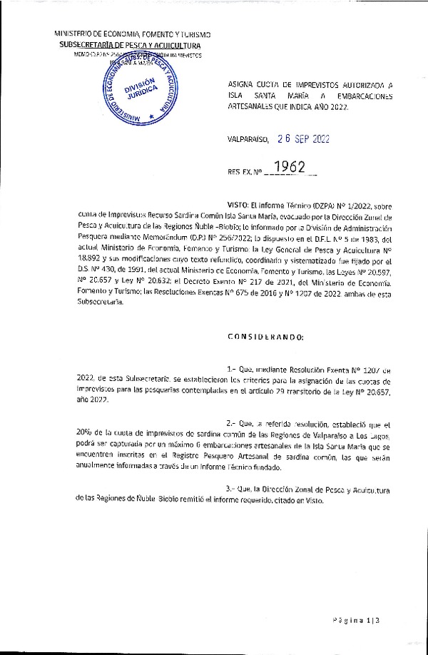 Res. Ex. N° 1962-2022 Asigna Cuota de Imprevistos Autorizados a Isla Santa María a Embarcaciones Artesanales que Indica, Año 2022. (Publicado en Página Web 03-10-2022)