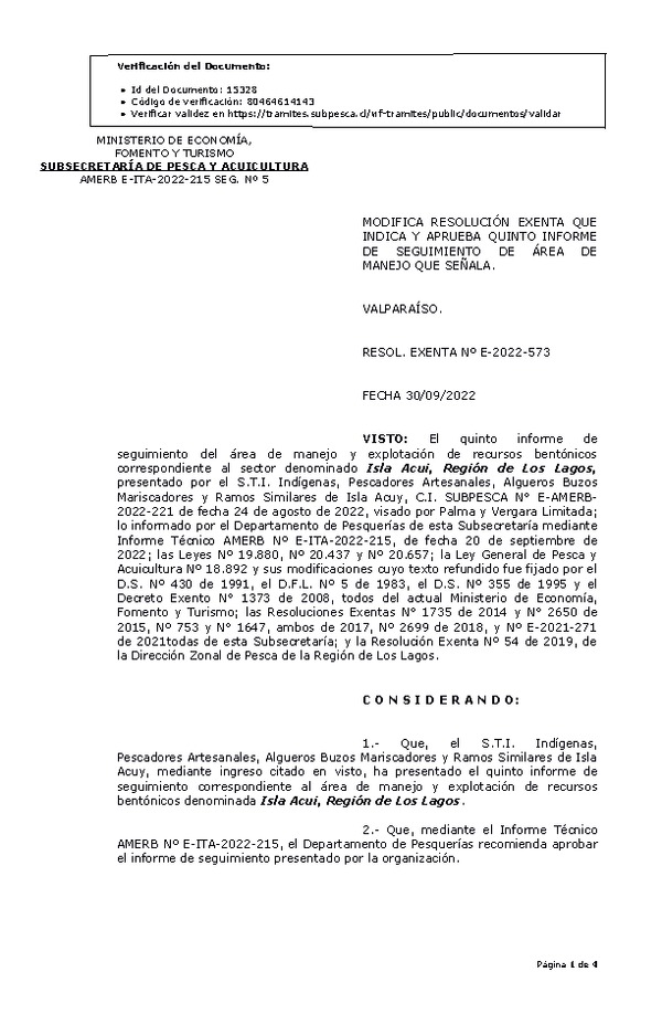 RESOL. EXENTA Nº E-2022-573 Modifica resolución que indica, Aprueba 5° Seguimiento. (Publicado en Página Web 04-10-2022)