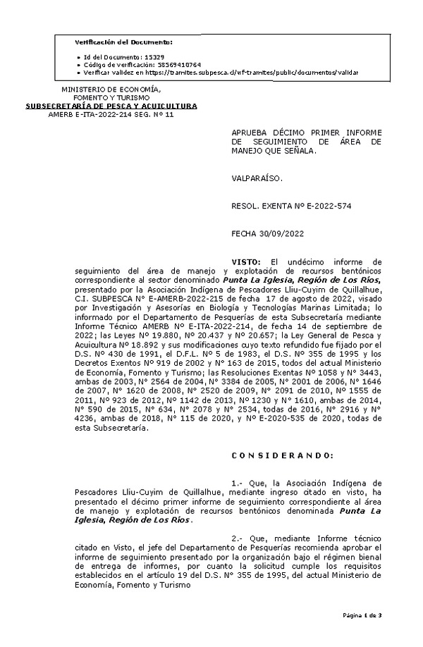 RESOL. EXENTA Nº E-2022-574 Aprueba 11° Seguimiento. (Publicado en Página Web 04-10-2022)