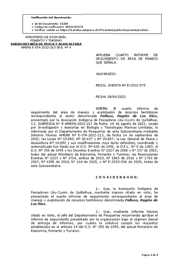 RESOL. EXENTA Nº E-2022-575 Aprueba 4° Seguimiento. (Publicado en Página Web 04-10-2022)